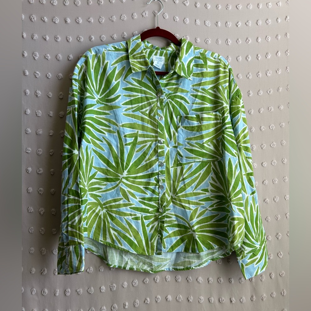 Sigrid Olsen‎ 100% Linen Palm Print Button Up Long Sleeve Sz L Blue Green